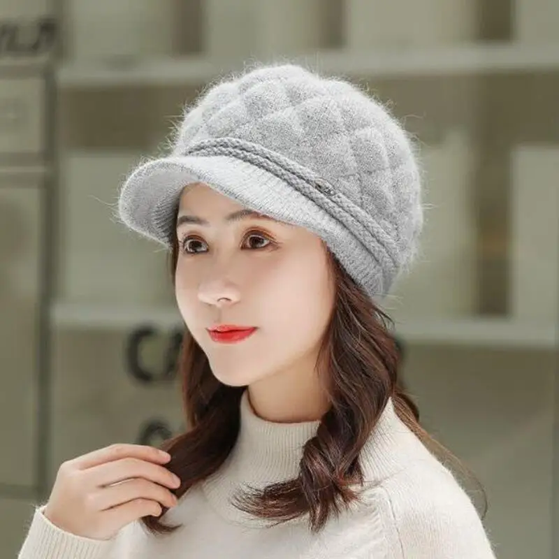 Autumn Winter Hats for Women Warm Thick Rabbit Fur Hats Women Newsboy Berets Ladies With Woolen Knitted Hat Female Caps