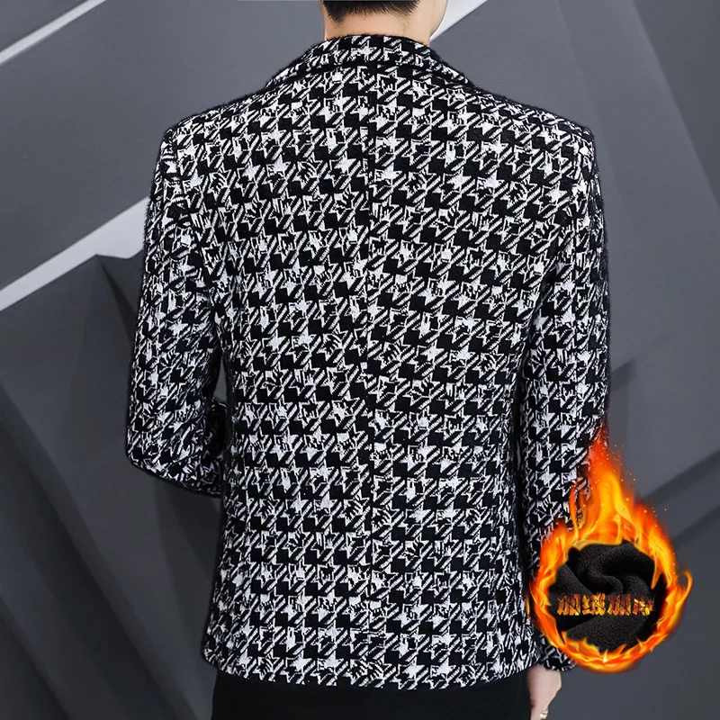 HOO 2022 Men's Autumn and Winter Woolen Printed Suit Handsome Slim-Fitting Youth Casual Fleece-Lined blazers | Мужская одежда