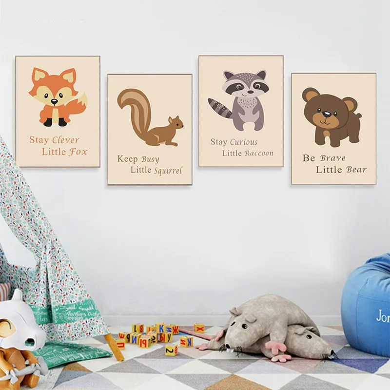 Рисунок на холсте с изображением лесных животных лисы Сова без рамки для детской