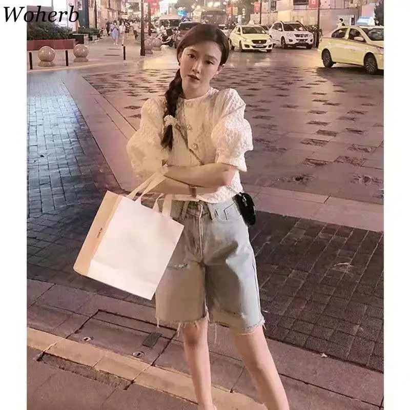 Женская блузка с коротким рукавом Woherb белая Элегантная укороченная рубашка