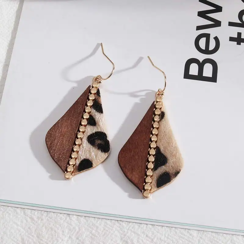 

Splice Leather Leopard Wood Teardrop Earrings for Women New Abstract Boutique Jewelry Wholesale