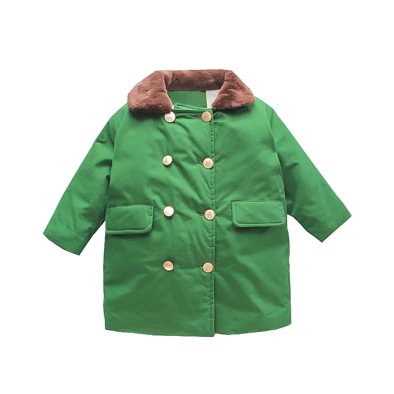 

Children's Clothing Winter New Green Coat Plus Cotton and Cashmere Korean Style Long Double-Breasted Cotton-Padded Coat Fashion