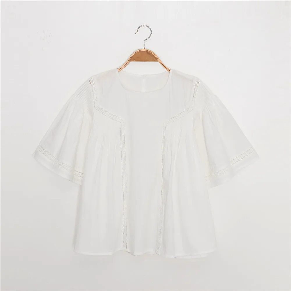 

New 2021 Summer Women Shirt French Short Baby Shirt A-shaped Loose Round Neck Short Sleeve T-shirt Cotton All-match Female Top