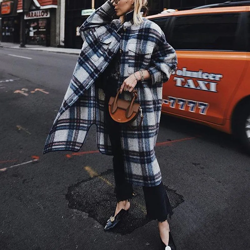 

2021 Autumn and Winter New Women's Fashion Temperament Lapel Long-sleeved Plaid Woolen Coat Long Single-breasted Jacket Women