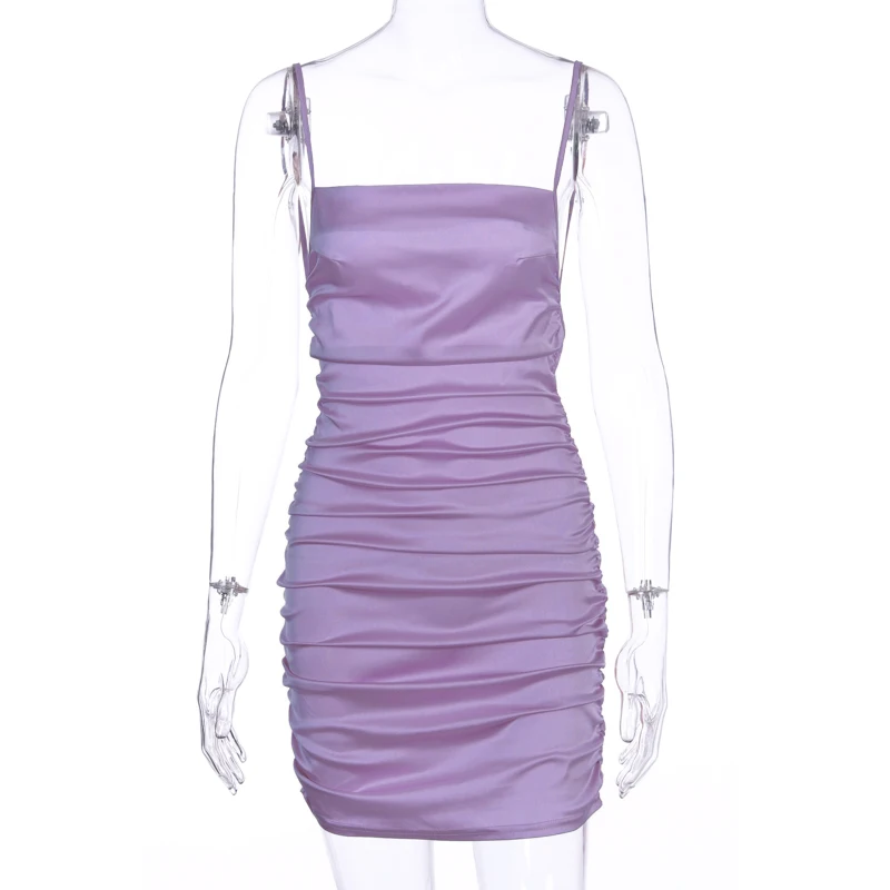 

Satin Sleeveless Backless Ruched Sexy Mini Dress Women Spaghetti Strap Dresses Club Party Outfits