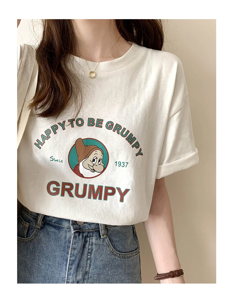 

Summer New Cartoon Printed Pure Cotton T-shirt Women's White Half-Sleeved Loose round Neck Short Sleeve Shirt Student