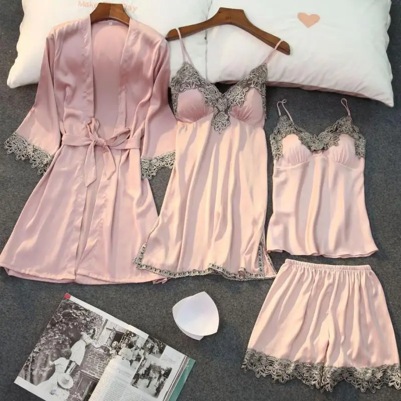 

Lace Trim Satin Women Sleepwear Pyjamas Black 4PCS Sleep Set Pajamas Spring New Kimono Robe Gown Sets V-Neck Sexy Home Wear