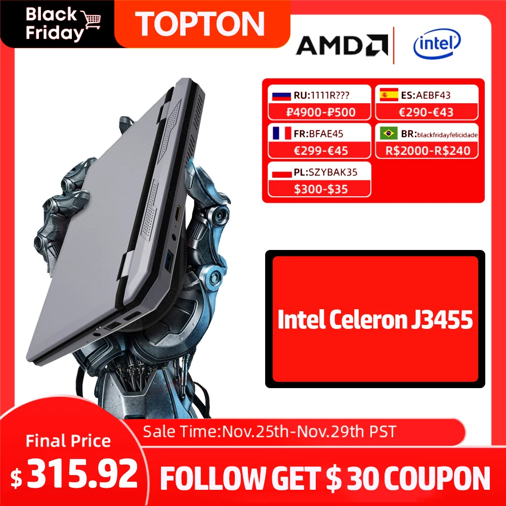 Topton Pocket Laptops Intel Celeron J3455 High Performance 7 Inch Handheld Gaming Consoles PC Windows 10 TF Card Mini Hdmi 2*USB