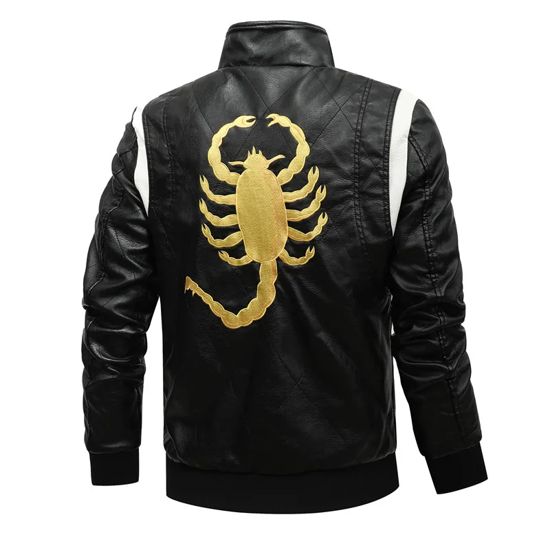 Men's New Motorcycle Leather Jacket Embroidered Scorpion Leisure Bomber  Black Stand Collar PU Jacket For Autumn