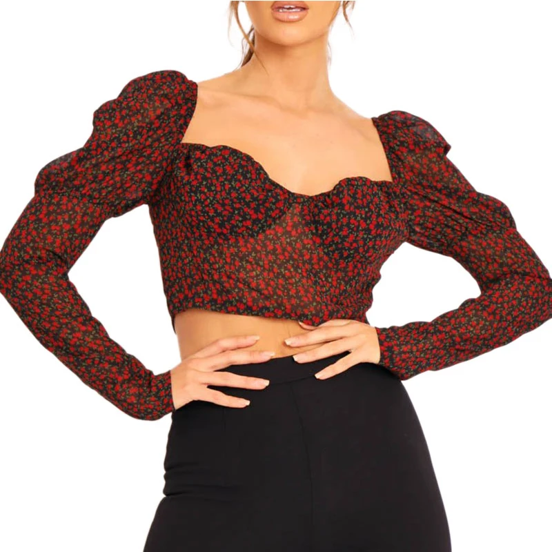 Женский укороченный топ Hirigin винтажный с цветочным принтом квадратным вырезом