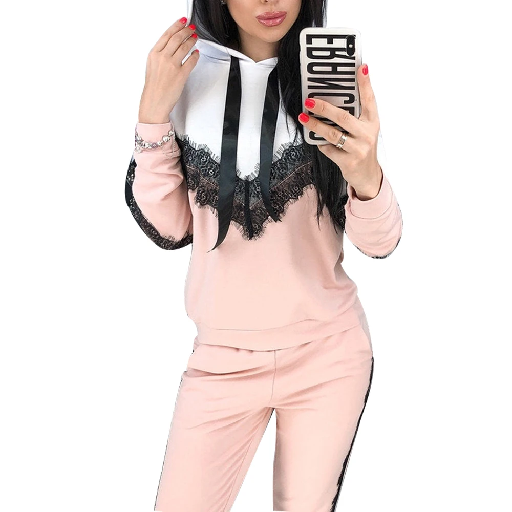 2 шт. спортивный костюм для женщин 2019 Осень Новый розовый с капюшоном Толстовка