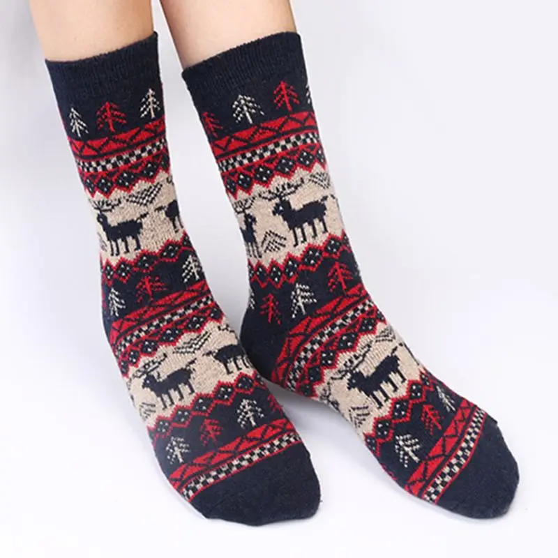 

Womens Winter Thicken Chunky Knitted Crew Socks Ethnic Christmas Tree Reindeer Stripes Print Warm Mid Calf Long Tube Hosiery