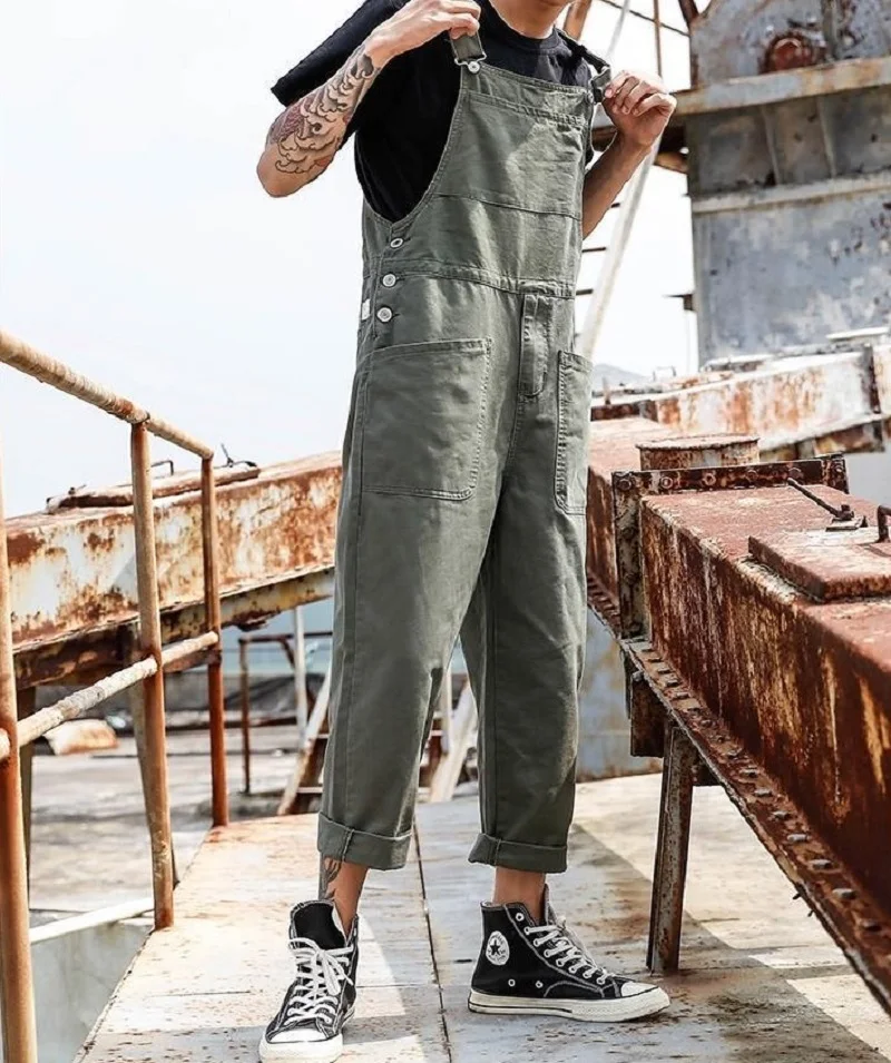 

2021 Men Bib Pants Solid Color Casual Jumpsuits Streetwear Joggers Multi Pockets Fashion Suspenders Men Cargo Overalls