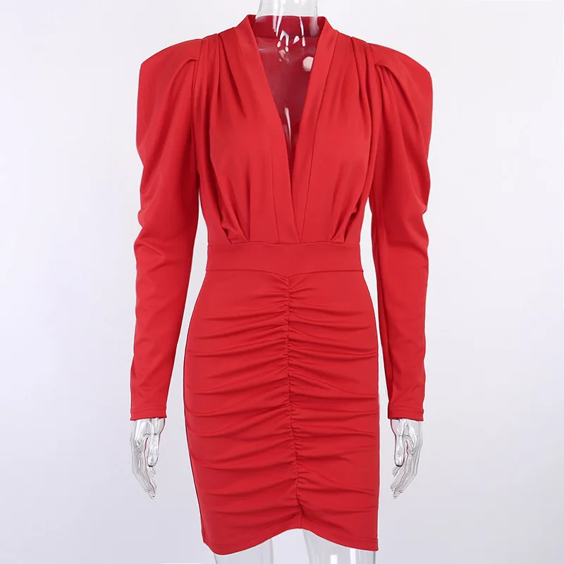 

Sexy Women Puff Sleeve Bodycon Dress Ladies V-neck High Waist Dress Elegant Female Party Dress for Summer Vestidos
