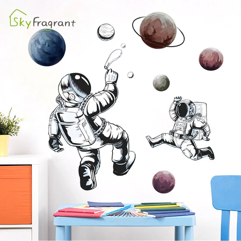 Cartoon Wall Sticker Astronaut Space Planet Boys Bedroom Decoration Living Room Decor Self-adhesive Stickers Home | Дом и сад