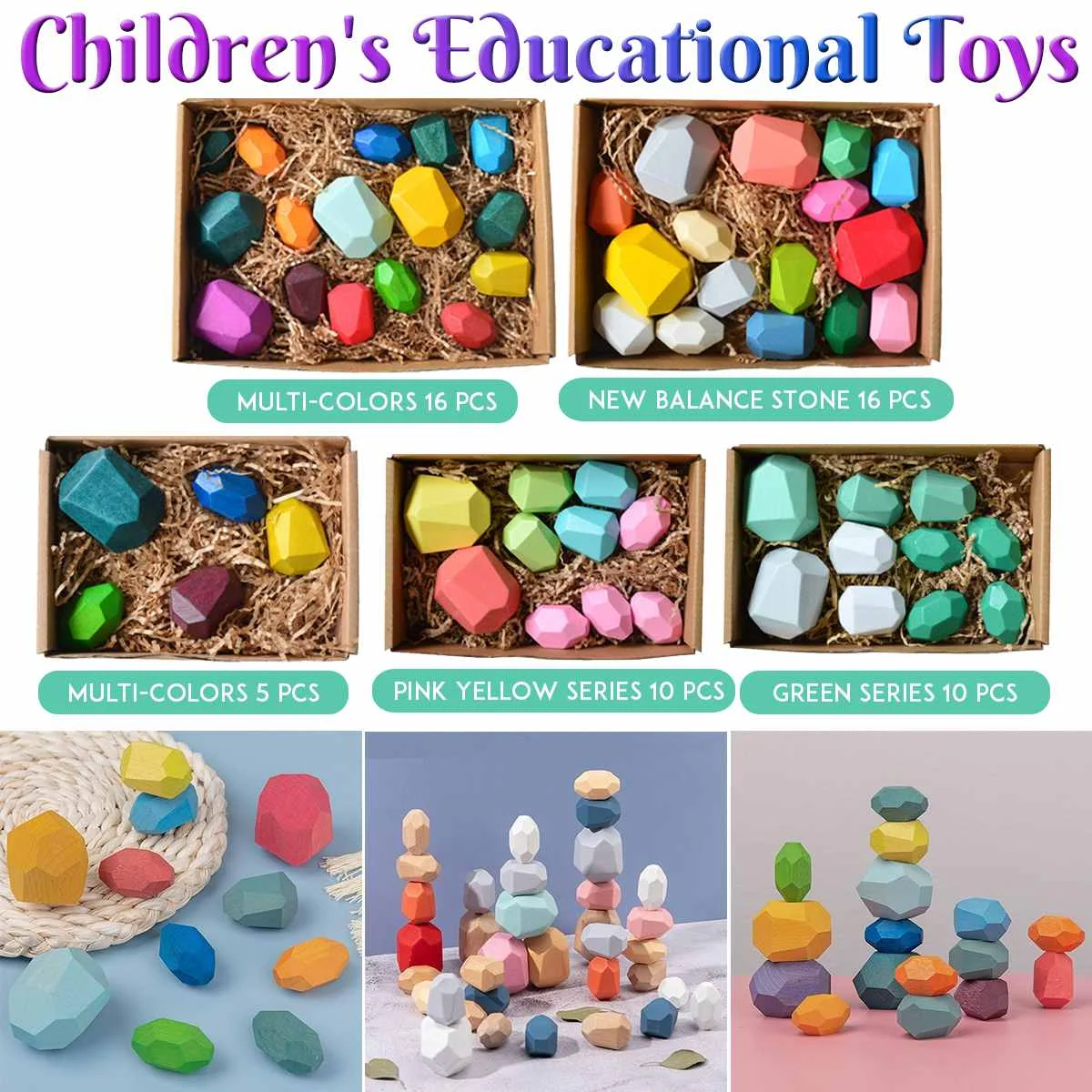 

5/10/16pcs Wooden Colored Stone Children Building Block Educational Toy Nordic Style Stacking Game Rainbow Wooden Toy Gift