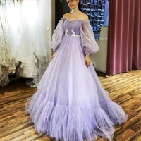 elegant long sleeve purple evening dress a line tulle appliques boat neck formal prom gown 2022 backless lace up robes de soir%c3%a9e