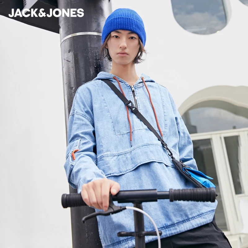 

JackJones Men's 100% Cotton Contrasting Hooded with Drawstring Pullover Loose Fit Denim Jacket| 220357004