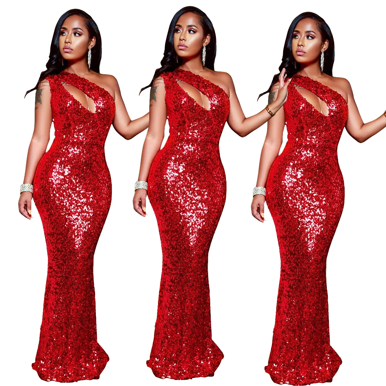 

2021 New Red Sequin Maxi Dress Women Sexy V Neck One Shoulder Shiny Elegant Birthday Evening Party Club Outfits