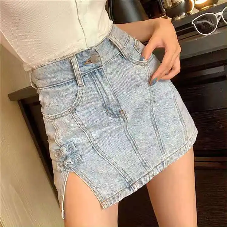 

2022 Summer side split jeans hip skirt women's high waist thin versatile A-line short skirt splicing design mini skirt pants