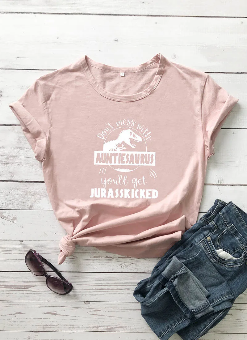 peach-white text Не связывайтесь с AuntieSaurus Новое поступление графическая женская летняя забавная футболка из хлопка Auntie рубашка подарок для тети лучшая тётя когда-либо - Цвет: peach-white text