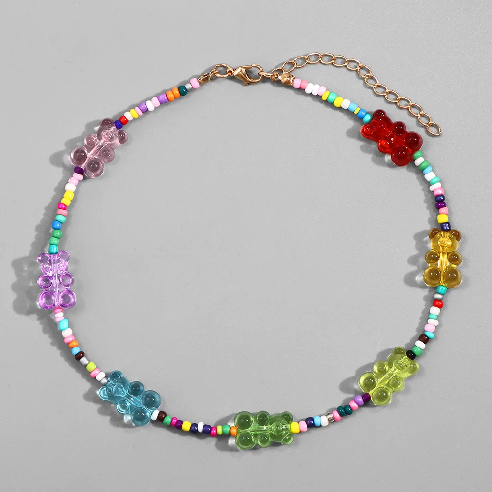 

New Design Rainbow Cute Jelly Little Bear Beaded Necklace For Women Candy Gummy Resin Cartoon String Bead Y2K Vacation Jewelry
