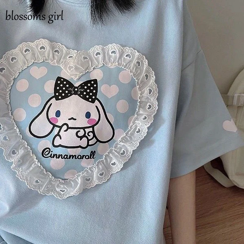 

Hip Hop Cinnamorolled Lace T Shirts Female Women Gilrs Tshirt Short Sleeve Harajuku Kawaii Cute Lolita Loose Vintage Clothes