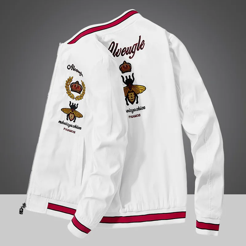 Куртка мужская Тонкая с вышивкой пчелы пилот Бомбер модная однотонная уличная