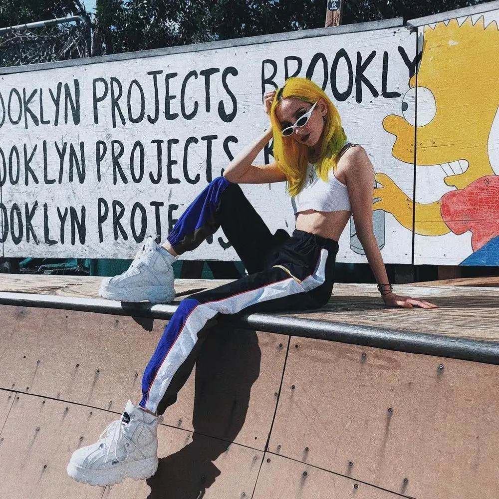 Модные женские брюки с высокой талией в стиле пэчворк черные карандаш уличные