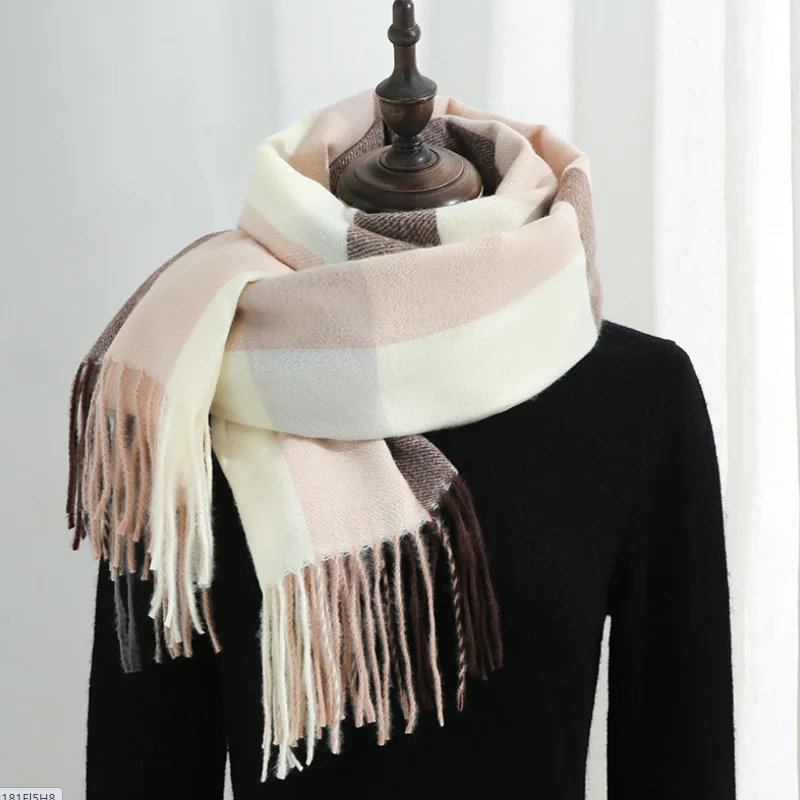 

Большой женский клетчатый шарф из искусственного кашемира, новинка зимы, плотная теплая Модная простая Удобная шаль с кисточками, приятная ...