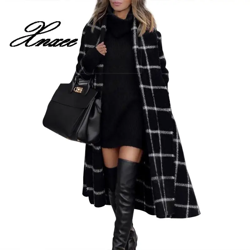 

Xnxee fashion autumn and winter new women's woolen long-sleeved hooded lapel classic plaid cardigan belt long coat
