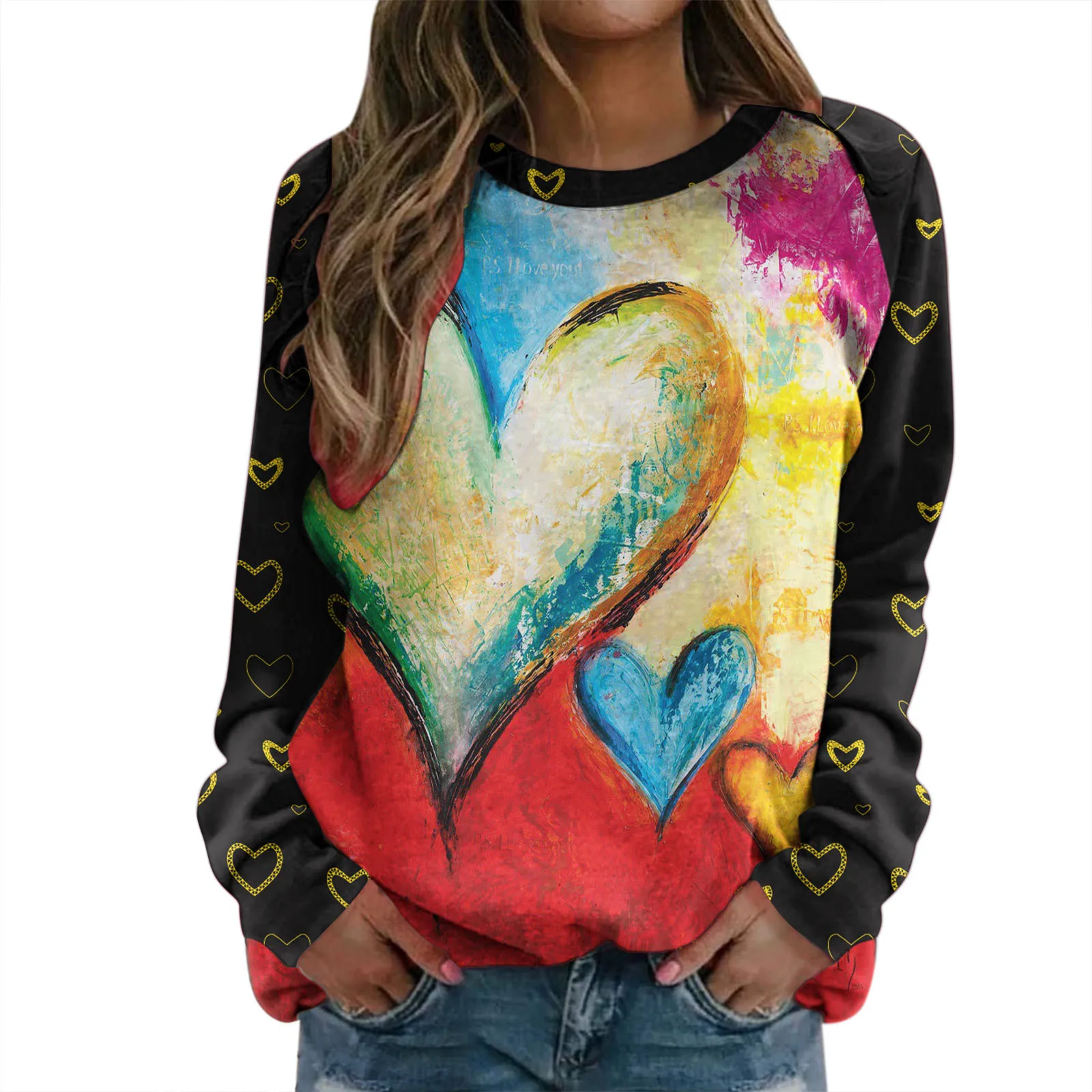 

Toppies 2021 Lovers Sweatshirts Woman Graffit Heart Print Pullovers Female Jumpers O-neck Tops Loose Women Clothes Толстовка