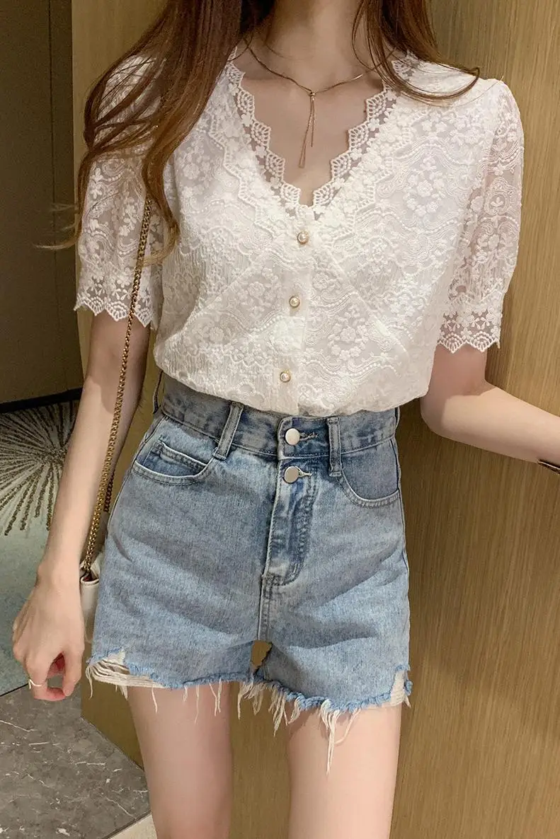 

COIGARSAM Short Sleeve Shirt Womens tops New Summer Patchwork Hollow Out V-Neck Women shirts White 5311
