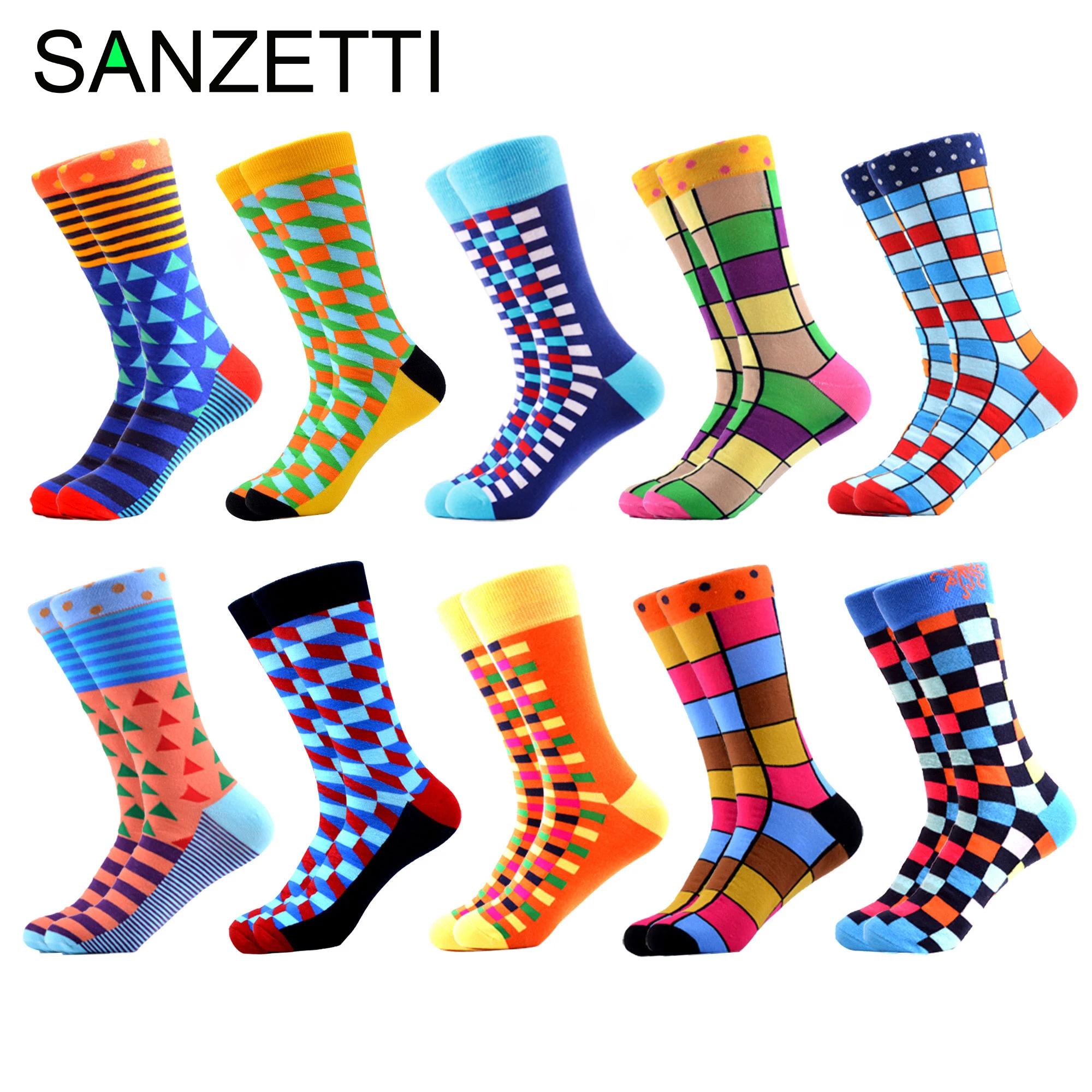 SANZETTI 10 пар/лот мужские Разноцветные забавные геометрические носки новые веселые