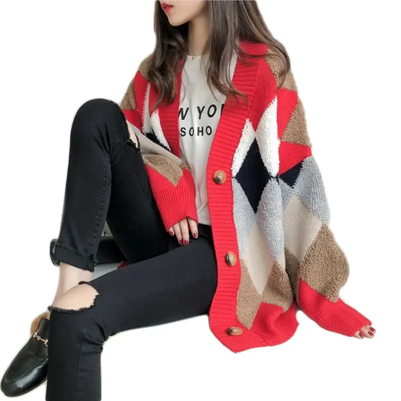 Женский кардиган с пышными рукавами и V образным вырезом ромбовидный клетчатый