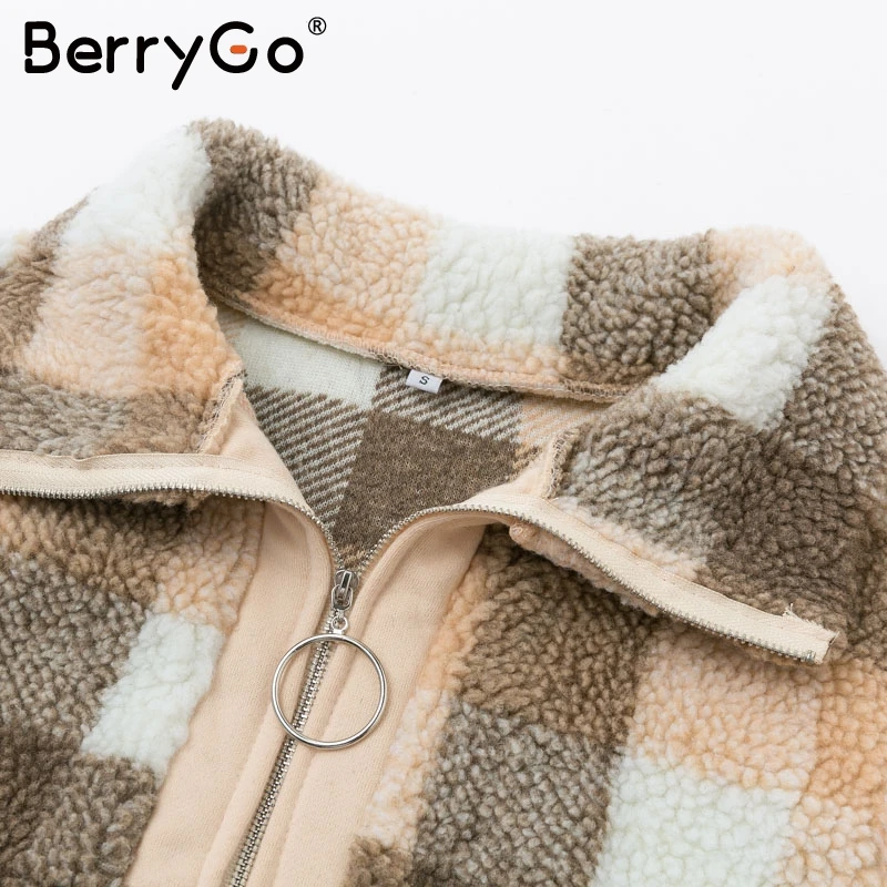 Женская водолазка BerryGo клетчатая кофта на молнии с длинным рукавом Повседневная
