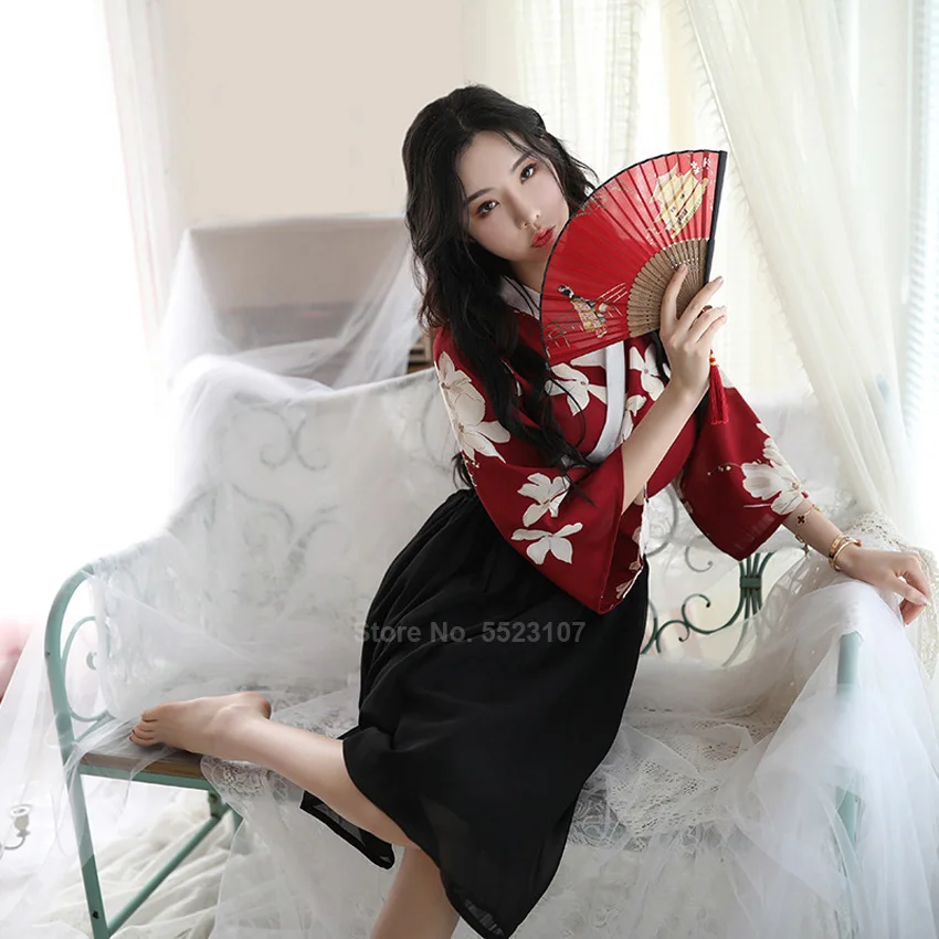 Женский удобный комплект одежды для сна в японском стиле кимоно топ юбка Hanfu с