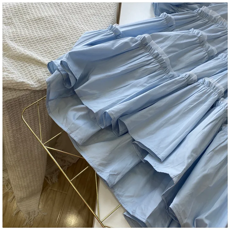 

2021 Summer New Style Solid Color Ruffled V-neck Lace Dress Stitching Big Swing Girl's Dress Puff Sleeve Loose Dress Female