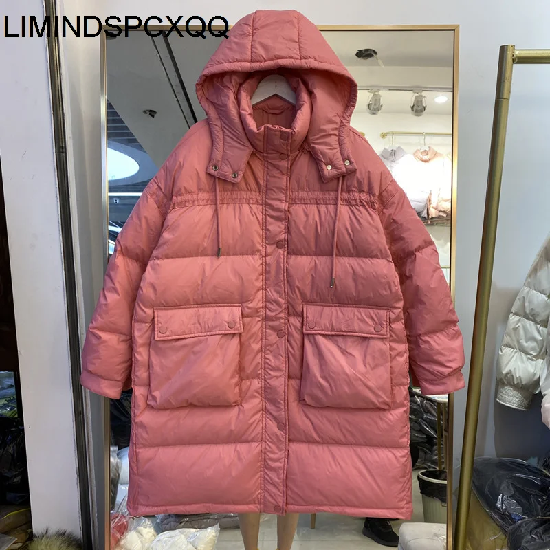 

Loose Hooded Down Jacket Women Fashion Solid Color Big Pocket Winter Coat Korean Version Drawstring Thick White Duck Down 2021