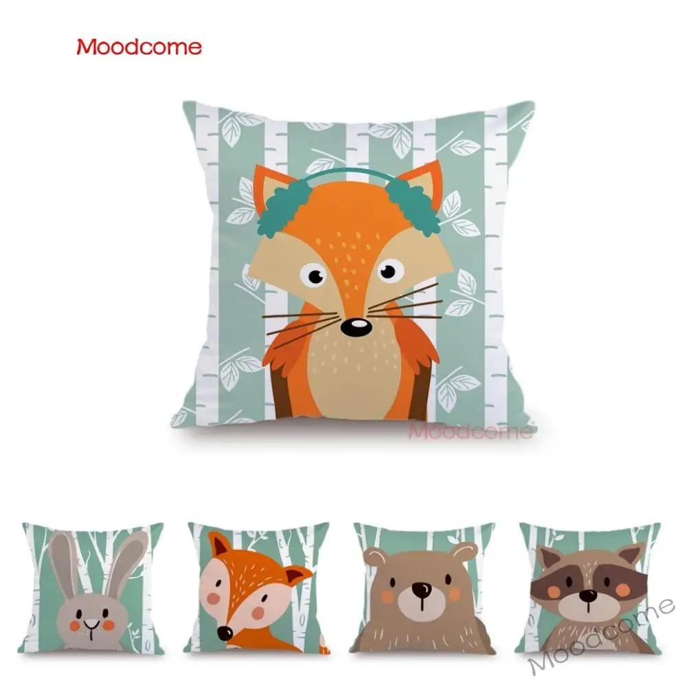 

Green Grey Background Woodland Animal Bunny Bear Fox Raccoon Cartoon Kids’ Room Decor Pillow Case Velvet Cute Sofa Cushion Cover