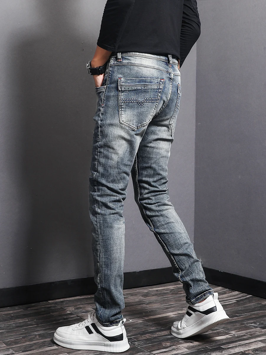 

Italian Style Fashion Men Jeans Slim Fit Elastic Casual Cotton Denim Ripped Trousers Vintage Designer Retro Pencil Pants Hombre