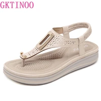gktinoo 2021 summer platform flip flops women solid color beach sandals soft leather comfortable low heels flats shoes metal