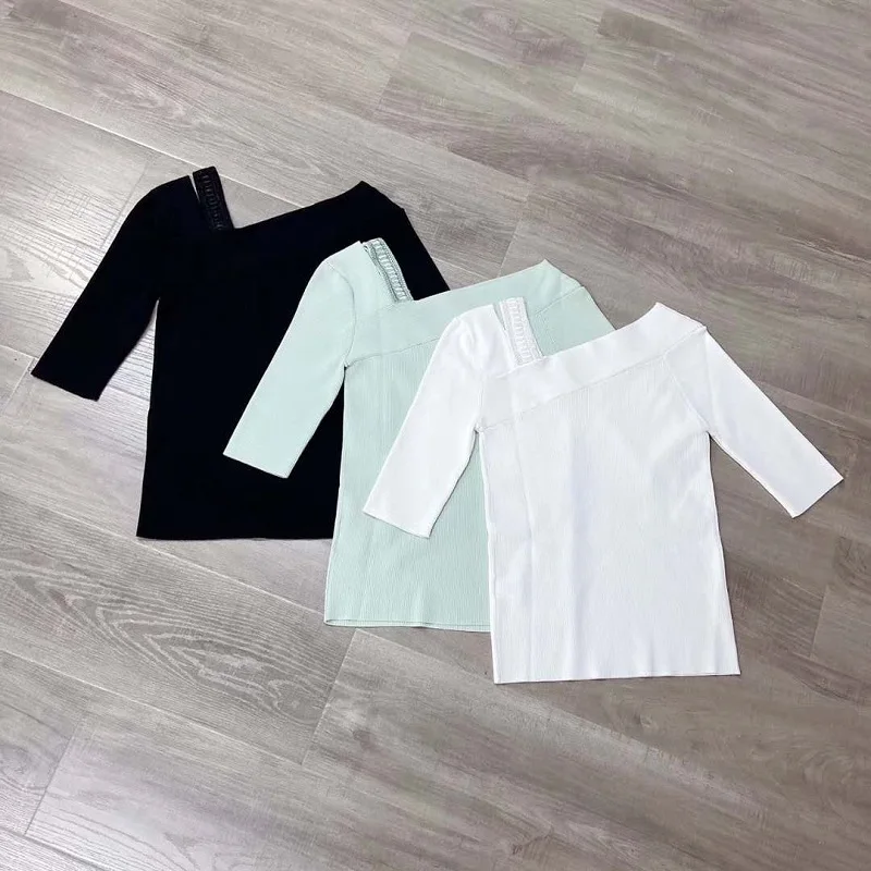

New 2020 Spring Summer Fashion Pullovers Women Crystal Beading Deco Sexy Off Shoulder Casual Blue Black White Jumpers Ladies