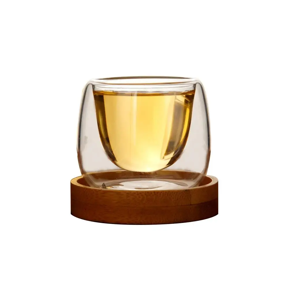 80ML Double Design Clear Tea Cup with Bamboo Tray Set Anti-hot Tasse Heat-resistant Small Glass Cups for Cafe Scented Coffee | Дом и сад