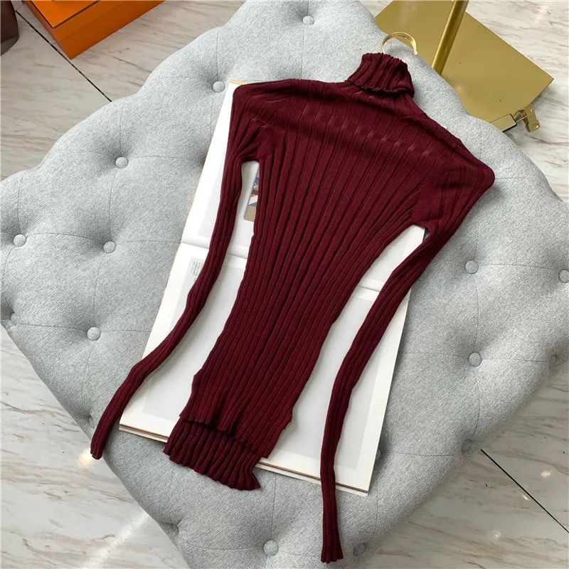 

2021 Women Sweater Fall Winter Merino Wool Worsted Striped High Elastic Base Shirt