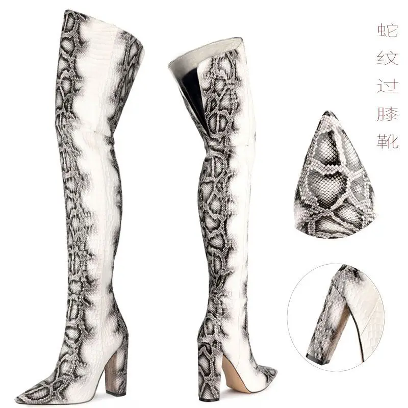 

New pointed snake skin high tube Knee Boots large women's show thick heel boots comfortable fashion boots