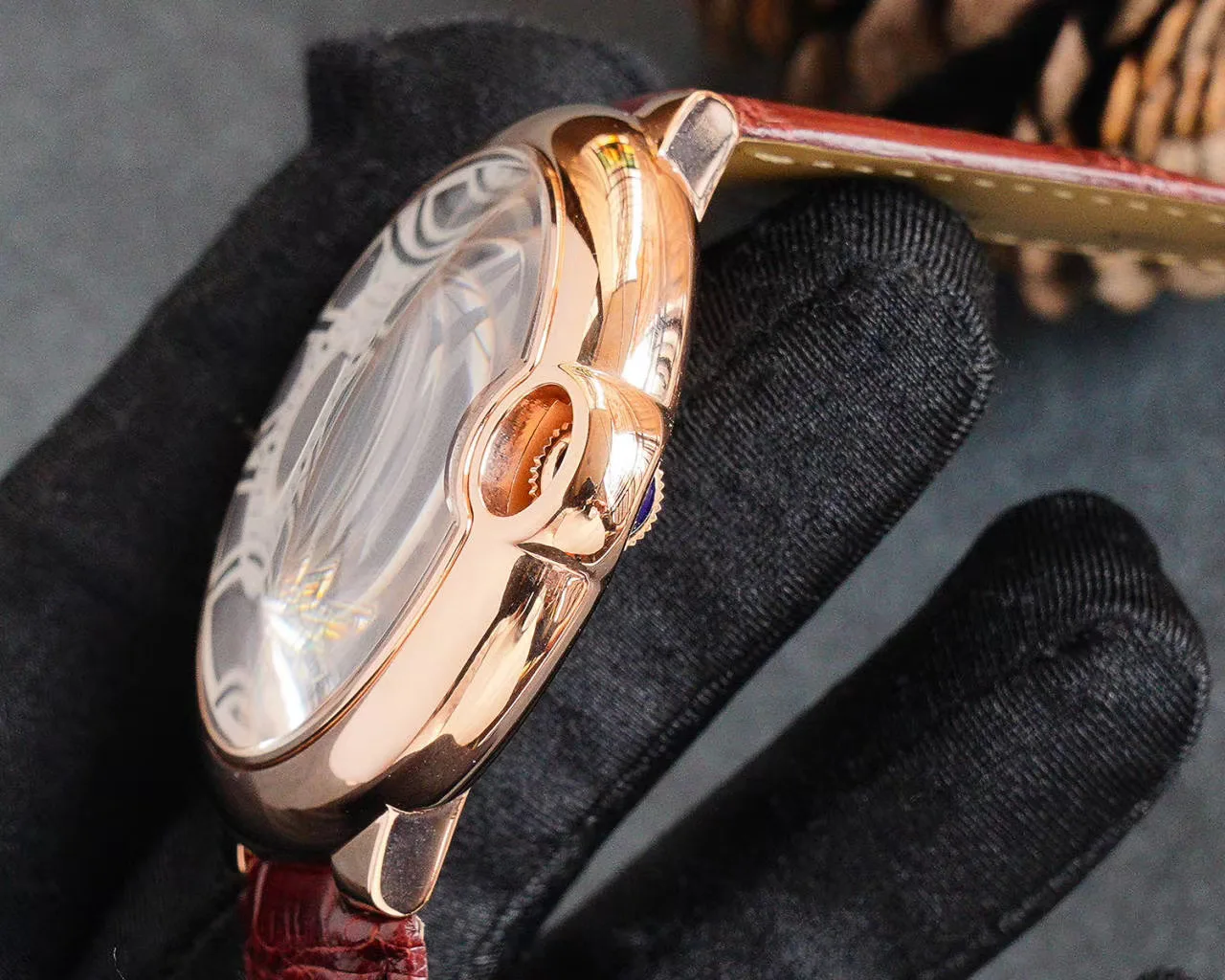 

Luxury Brand New Men Rose Gold Automatic Mechanical Tourbillion Stainless Steel Black Blue Red Leather Watch Sapphire Glass Back