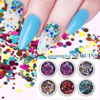 1set nail art decorations colorful round fake pallete holographic flakes women beautiful nails 6pcs in 1 bag nail accessories6