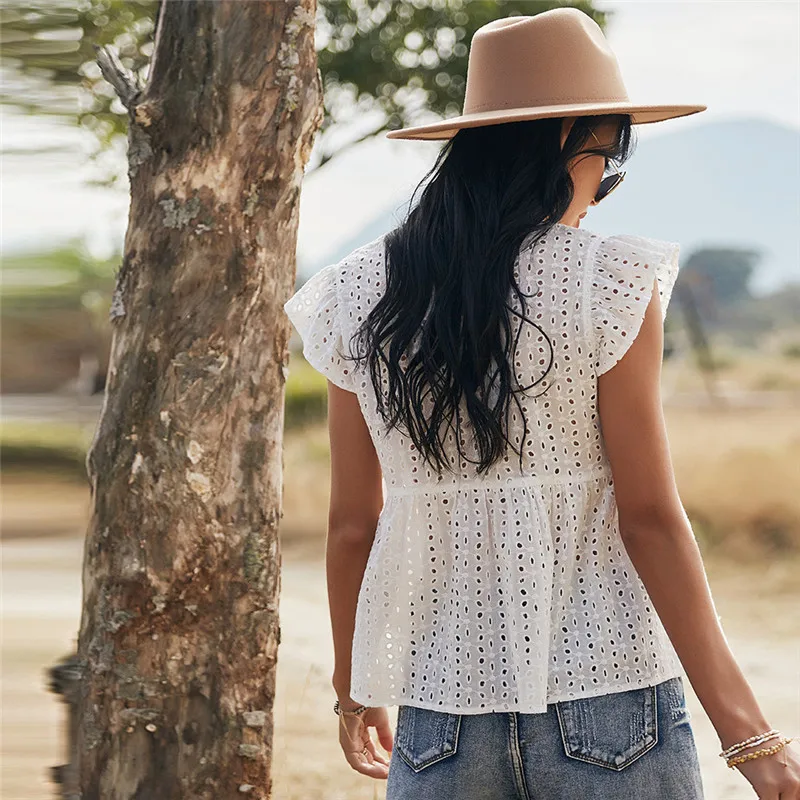 

2021 New Sweet Hollow Out Top Women Casual Spring Summer Flying Sleeve Blouse Ladies Loose V Neck Pullover Tops