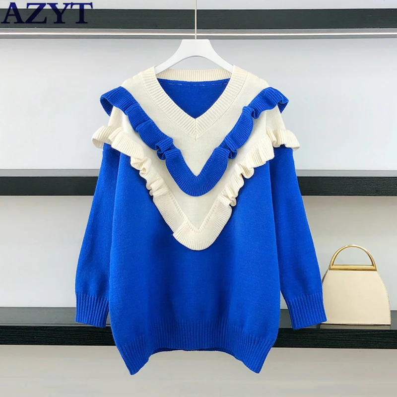 

AZYT 2022 Spring Autumn New Women Sweater Jumpers Fashion Patchwork Ruffle Knitwear Pull Femme Pullovers Casual Sweater Coat